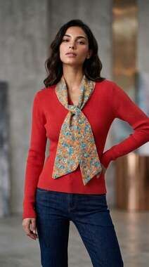 Vintage Red Ribbed Long Sleeve Top with Attached Floral Scarf Neck Tie